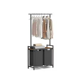   VASAGLE Modern Szennyestartó Állvány Polccal és Akasztóval Rusztikus Barna-Fekete