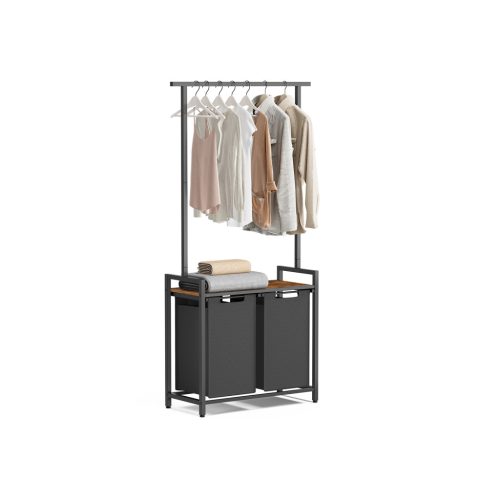 VASAGLE Modern Szennyestartó Állvány Polccal és Akasztóval Rusztikus Barna-Fekete