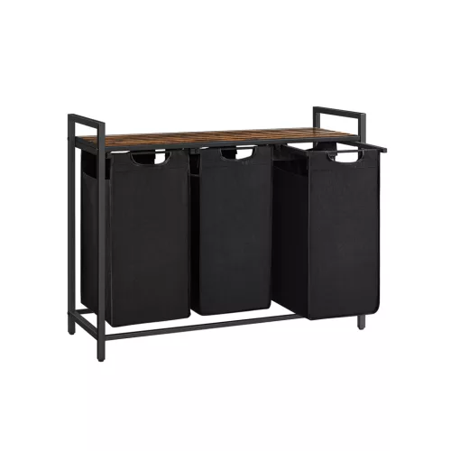 VASAGLE Ipari Szennyestartó Szekrény 3 Kivehető Zsákkal és Tárolópolccal Rusztikus Barna-Fekete