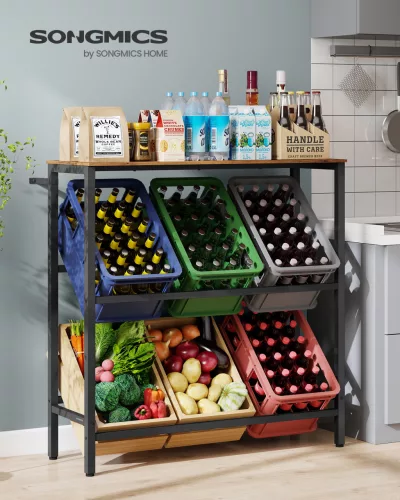 SONGMICS 2 szintes italrekesz tároló állvány acél vintage barna-fekete 150 kg teherbírás