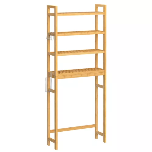 SONGMICS Bambusz Fürdőszobai Állvány 4 Polcos WC Fölé Helyezhető Tárolórendszer Természetes