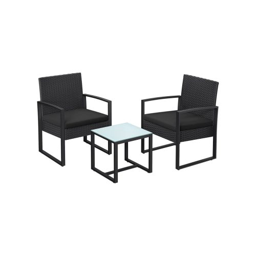 SONGMICS Polyrattan Kerti Bútor Szett Fekete Üveglapos Asztallal