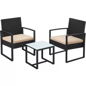   SONGMICS Modern Polyrattan Kerti Bútor Szett Üveglapos Asztallal Fekete-Bézs
