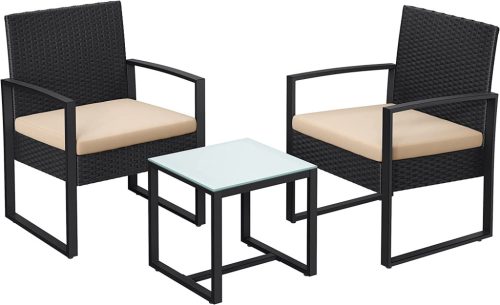 SONGMICS Modern Polyrattan Kerti Bútor Szett Üveglapos Asztallal Fekete-Bézs