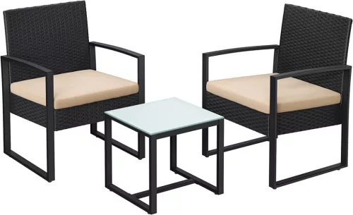 SONGMICS GGF010M05 Balkon Kerti Bútor Szett PE Polyrattan Ülőgarnitúra Asztallal és 2 Székkel Fekete/Bézs