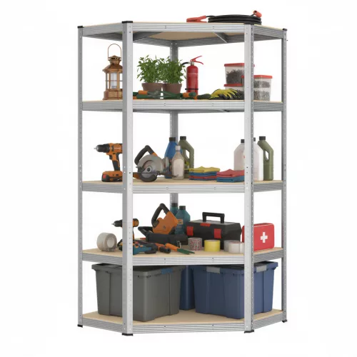 SONGMICS GLR080E01 sarokpolc 5 szintes nehéz teherbírású fém tárolópolc garázsba raktárba pincébe ezüst/természetes bézs