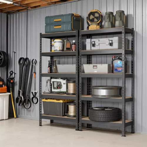 SONGMICS 5 szintes tárolópolc szett, 2 db, állítható garázs tároló polcrendszer, csavarozás nélküli szerelés, acél MDF, fekete
