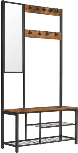 VASAGLE Industrial Előszobabútor Tükörrel és Cipőtartóval Rusztikus Barna-Fekete
