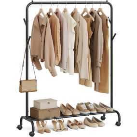   SONGMICS Mobil Ruhaállvány Acél Vázzal Fekete Görgős Polcos