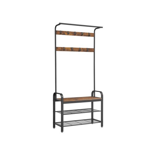VASAGLE Industrial 4-az-1-ben Előszobai Állvány Cipőspolccal Rusztikus Barna-Fekete