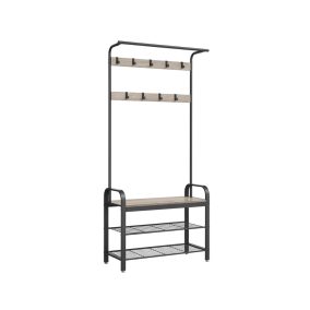  VASAGLE DAINTREE Ipari Stílusú Előszobai Állvány Paddal és Cipőtartóval Szürke-Fekete