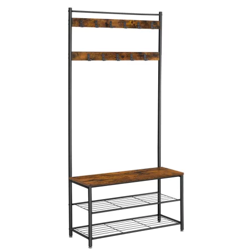 VASAGLE Ipari Stílusú 3-az-1-ben Előszobai Állvány Cipőspolccal Rusztikus Barna-Fekete