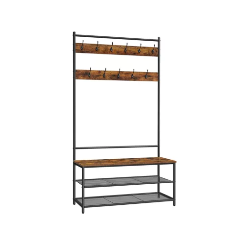 VASAGLE Industrial Előszobai Állvány Cipőspolccal és Paddal Rusztikus Barna-Fekete