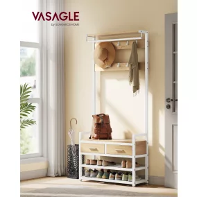   VASAGLE HSR429YA01 előszobai fogas 10 levehető akasztóval, 2 fiókkal, cipős paddal, arany tölgy és matt fehér