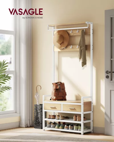 VASAGLE HSR429YA01 előszobai fogas 10 levehető akasztóval, 2 fiókkal, cipős paddal, arany tölgy és matt fehér