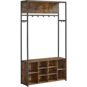   VASAGLE Ipari Stílusú Előszobafal Cipősszekrénnyel és Paddal Rusztikus Barna-Fekete