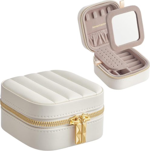 SONGMICS ANAH Kompakt Ékszertartó Doboz Tükörrel Fehér