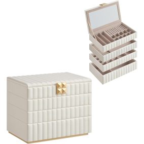   SONGMICS ANAH Négyszintes Ékszertartó Doboz Tükörrel Felhőfehér PU Bőr Borítással