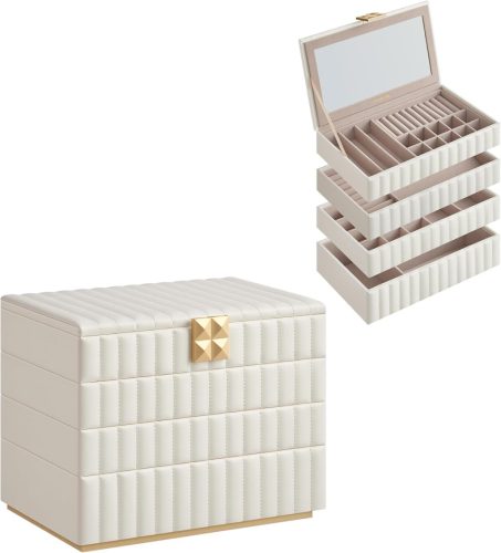 SONGMICS ANAH Négyszintes Ékszertartó Doboz Tükörrel Felhőfehér PU Bőr Borítással