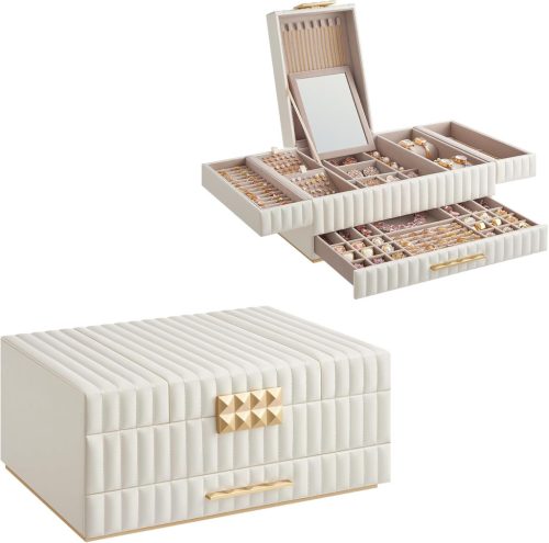 SONGMICS ANAH Luxus Ékszertartó Doboz Tükörrel Felhőfehér