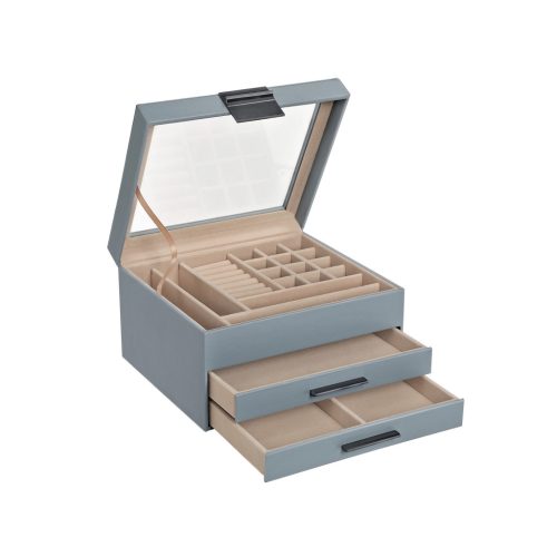 SONGMICS Modern Üvegtető Ékszertartó Doboz Füstkék 3-Szintes Tárolóval