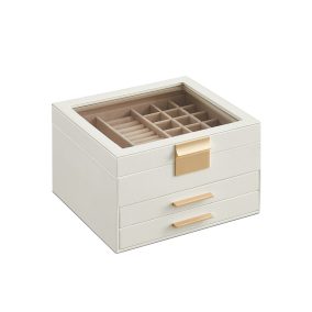   SONGMICS Elegance Üvegfedeles Ékszertartó Doboz Felhőfehér-Arany