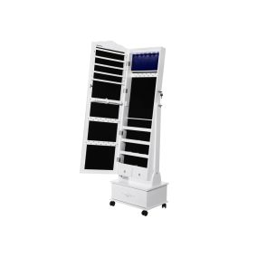   SONGMICS LED Világítású Gurulós Ékszertartó Szekrény Tükörrel Fehér