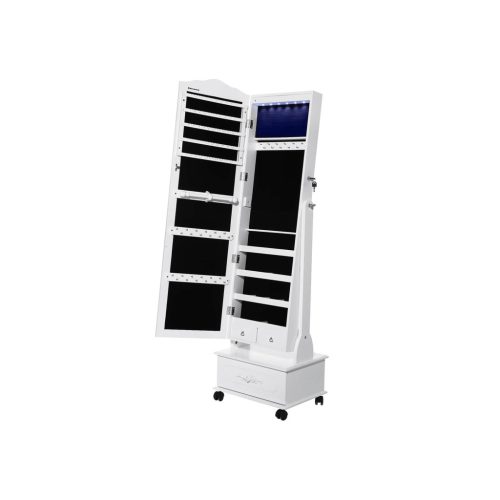 SONGMICS LED Világítású Gurulós Ékszertartó Szekrény Tükörrel Fehér