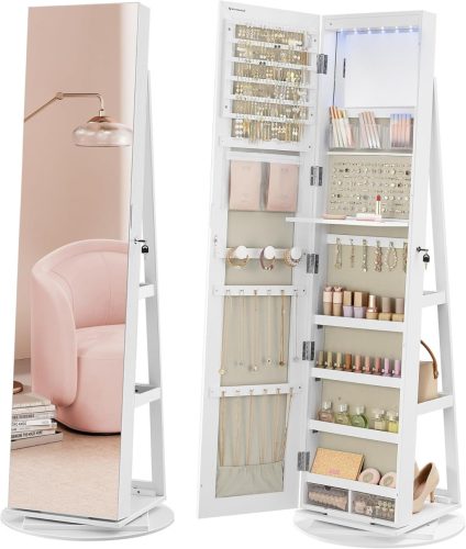 SONGMICS LED Világítású Zárható Ékszertároló Tükrös Szekrény Fehér