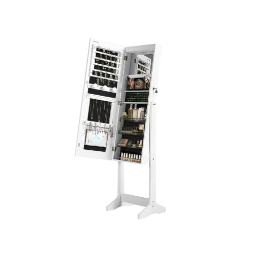 SONGMICS LED Ékszertartó Tükrös Szekrény Állítható Világítással Fehér
