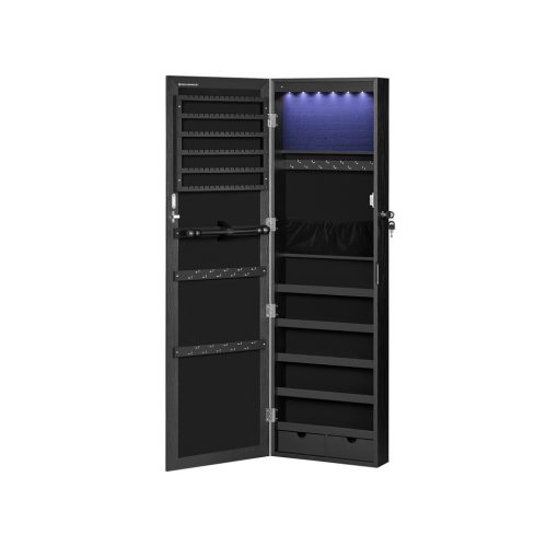 SONGMICS Zárható Ékszertároló Tükrös Szekrény Fekete LED Világítással