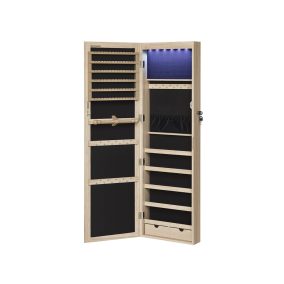   SONGMICS Tölgy Zárható Ékszertároló Tükrös Szekrény Többrekeszes Ajtóra Szerelhető