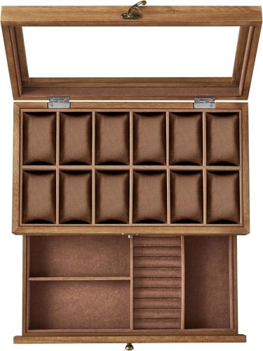 SONGMICS Prémium Óratartó Doboz 12 Rekesszel Diófa Kivitelben
