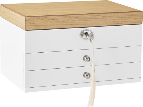 SONGMICS Elegáns 3-Szintes Ékszertartó Doboz Tükörrel Fehér-Fa