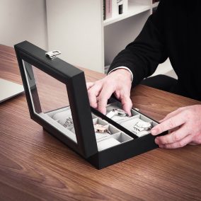   SONGMICS Prémium Óratartó Doboz 10 Rekesszel Üvegfedéllel Fekete