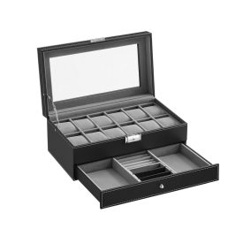   SONGMICS Prémium Óratartó Doboz 12 Órához Fekete Műbőr Üvegfedéllel