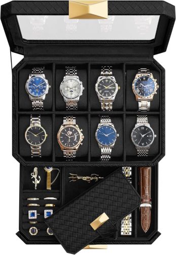 SONGMICS RONNE Prémium Óratartó Doboz 8 Órához Fiókkal Fekete PU Bőr UJWB025B01