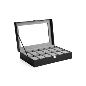 SONGMICS 12 Rekeszes Óratartó Doboz Üvegfedéllel Fekete