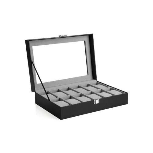 SONGMICS 12 Rekeszes Óratartó Doboz Üvegfedéllel Fekete