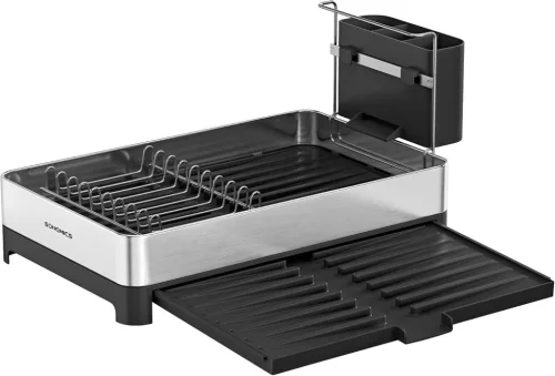 SONGMICS Bővíthető Rozsdamentes Acél Edényszárító Állvány Evőeszköztartóval Ezüst-Fekete