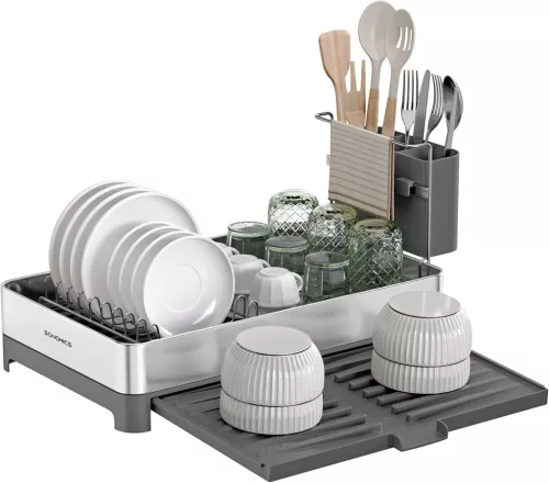 SONGMICS Bővíthető Rozsdamentes Acél Edényszárító Állvány Evőeszköztartóval