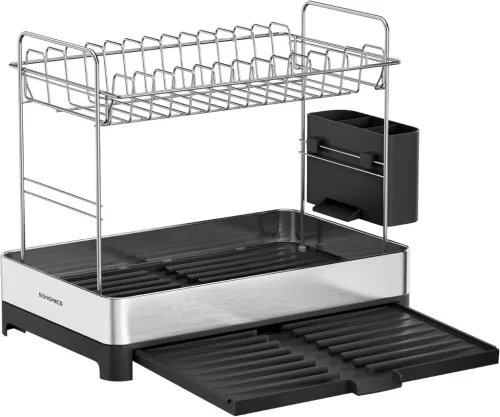 SONGMICS Kétrészes Bővíthető Rozsdamentes Acél Edényszárító Állvány