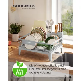   SONGMICS edényszárító állvány acél galamb szürke 360° forgatható csőrrel