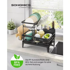   SONGMICS KCS551BH01 kétszintes edényszárító állvány acél fekete 360° forgatható csőrrel