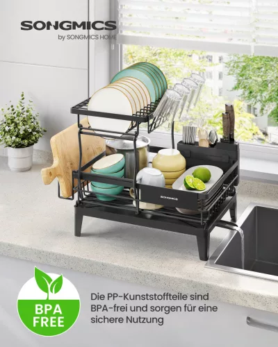 SONGMICS KCS551BH01 kétszintes edényszárító állvány acél fekete 360° forgatható csőrrel