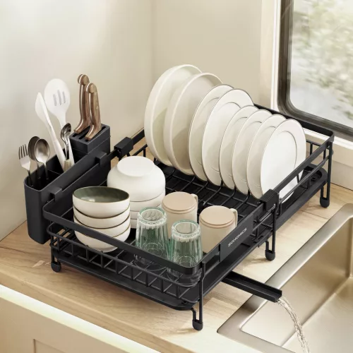 SONGMICS KCS556BH01 bővíthető edényszárító acél tintafekete 360° forgatható csőrrel