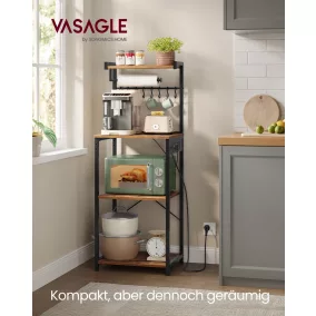   VASAGLE KKS013KD02 Konyhai Polc Beépített Elosztóval 4 Szintes Rusztikus Barna-Fekete