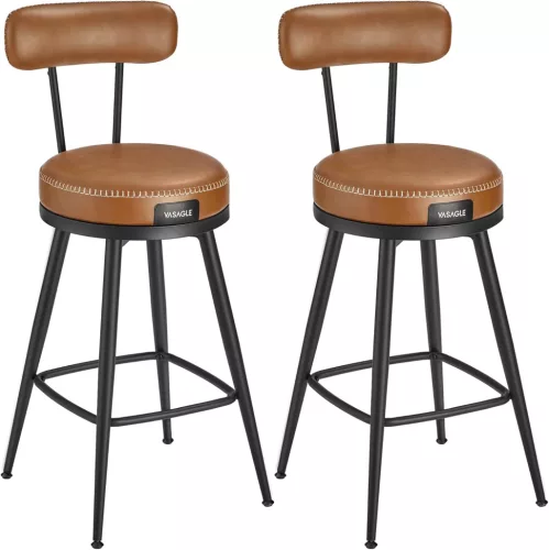 VASAGLE EKHO Forgatható Bárszék Szett, Mid-Century Modern Műbőr Bárszékek Háttámlával, Karamell Barna
