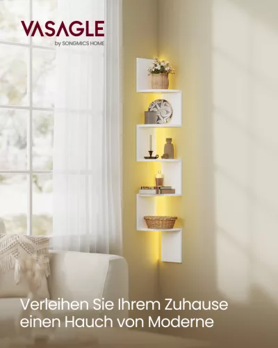 VASAGLE LBC630W01 5 szintes sarok fali polc RGB LED világítással matt fehér