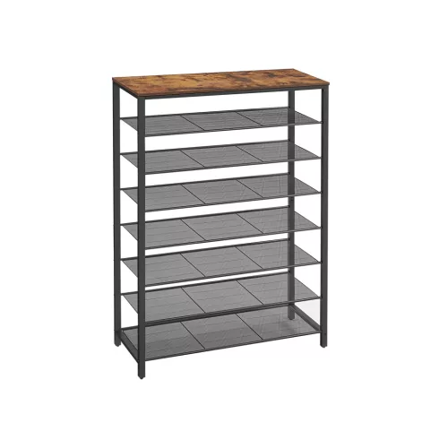 VASAGLE 8-szintes cipőtartó polc fém hálós polcokkal rusztikus barna és fekete